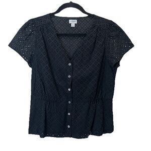J. Crew Black Eyelet Button Front Short Sleeve Peplum Top Womens Size 10 Boho